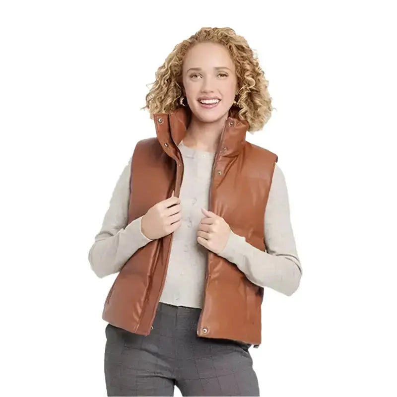 Womens Tan Brown Leather Puffer Vest - Riders Republic UK