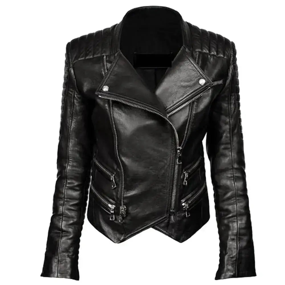Womens Genuine Leather Double Zipper Biker Jacket - Riders Republic UK