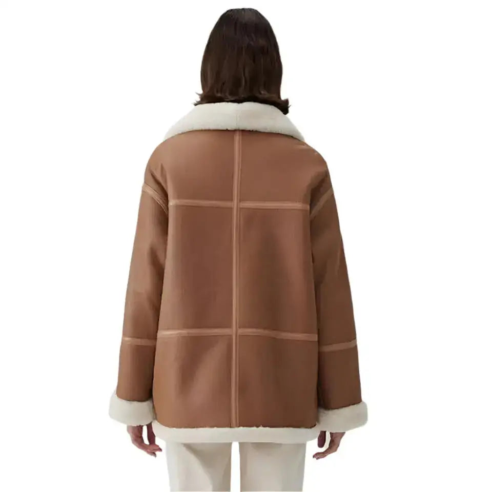 Womens Genuine Sheepskin Aviator Jacket Brown - Riders Republic UK