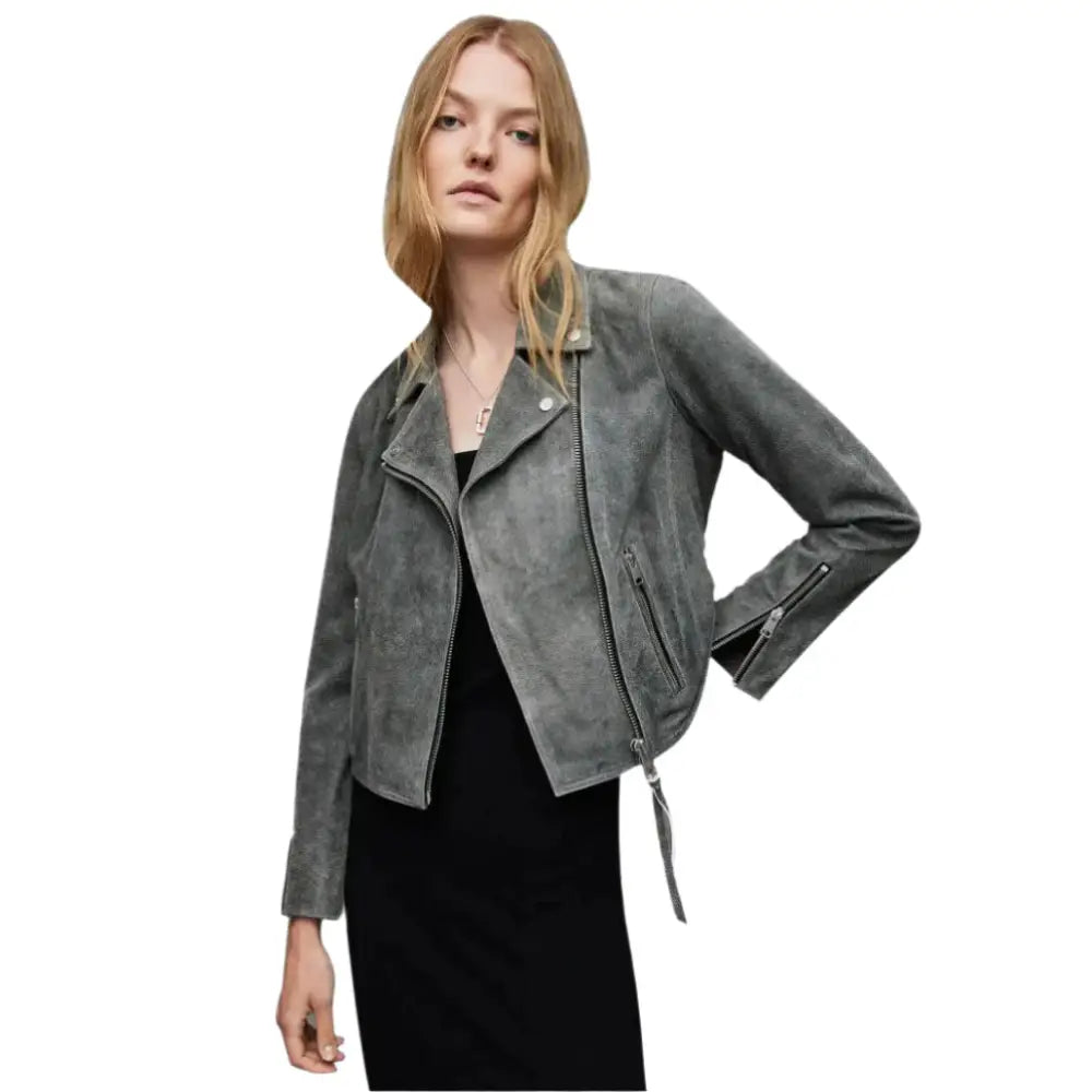 Gray Suede Leather Biker Jacket for Women - Riders Republic UK