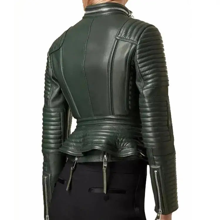 Green Sheepskin Leather Asymmetrical Jacket - Riders Republic UK