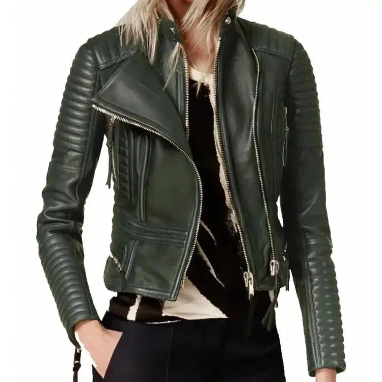 Green Sheepskin Leather Asymmetrical Jacket - Riders Republic UK