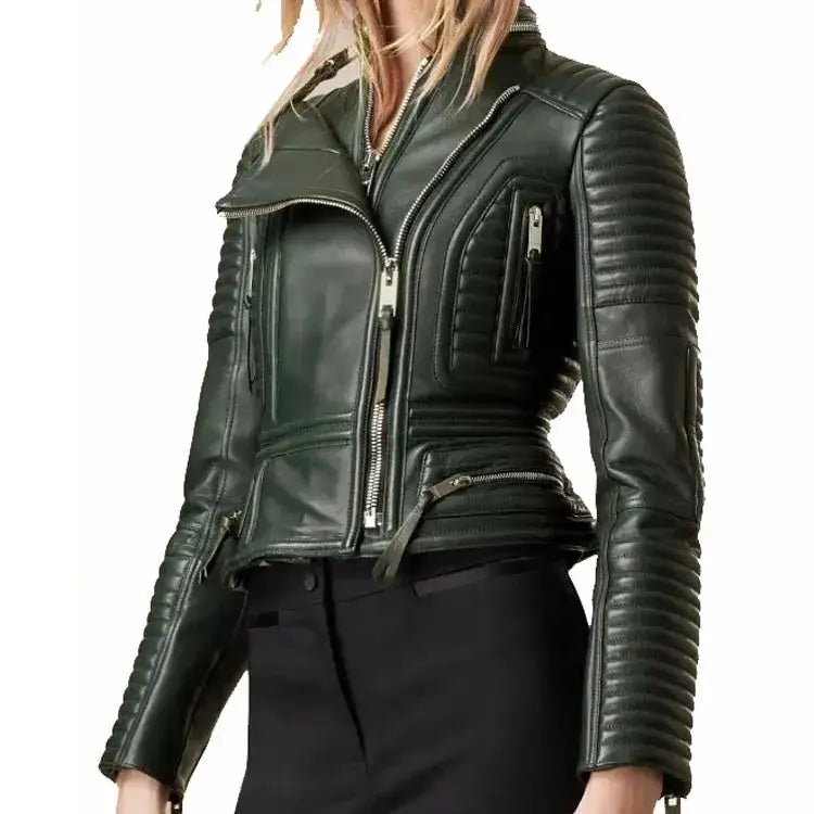 Green Sheepskin Leather Asymmetrical Jacket - Riders Republic UK