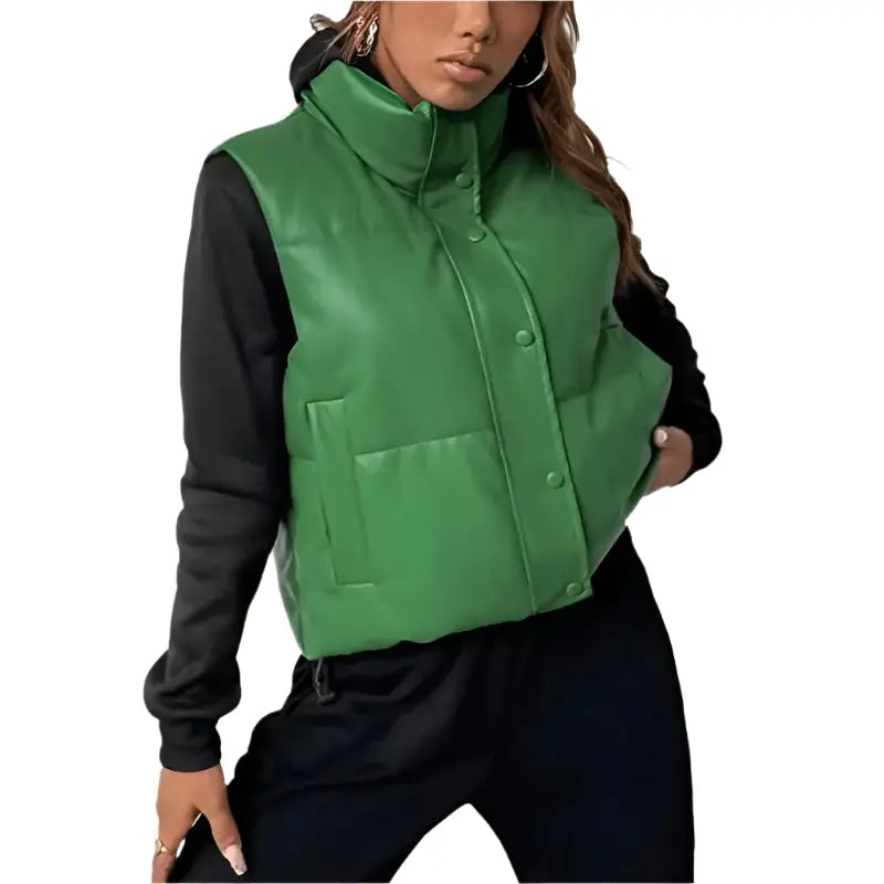 Green Womens Puffer Leather Vest - Riders Republic UK
