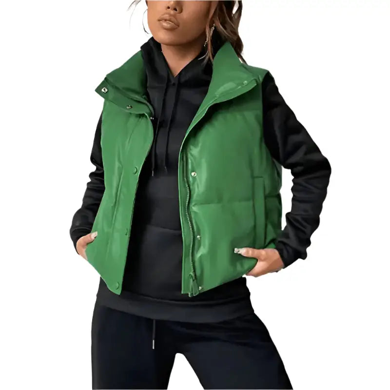 Green Womens Puffer Leather Vest - Riders Republic UK