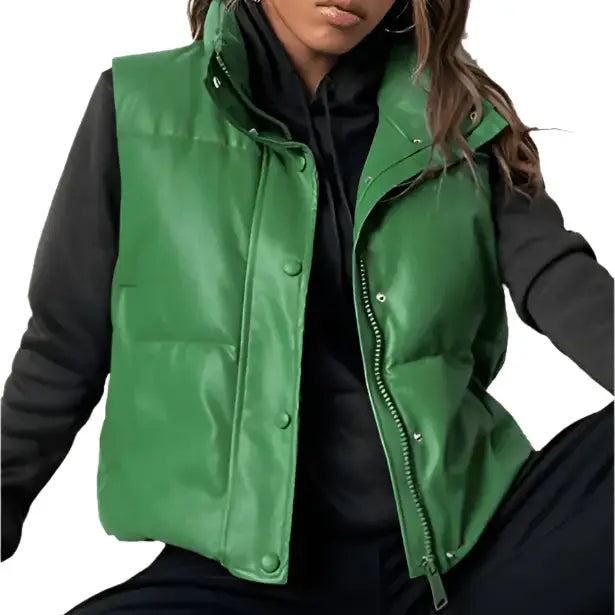 Green Womens Puffer Leather Vest - Riders Republic UK