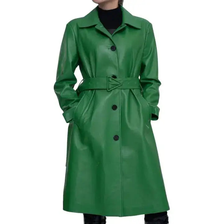 Green Lambskin Leather Trench Coat Women - Riders Republic UK