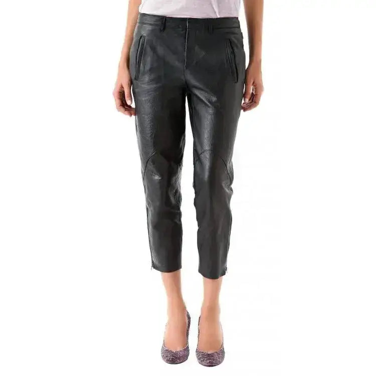 Womens Black Lambskin Leather Capri Pant - Riders Republic UK
