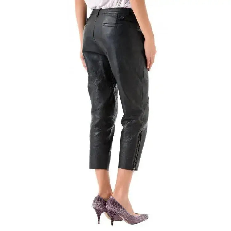 Womens Black Lambskin Leather Capri Pant - Riders Republic UK