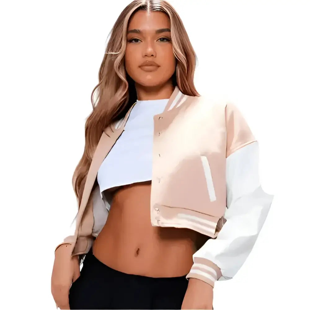 Womens Light Pink Varsity Leather Bomber Jacket - Riders Republic UK