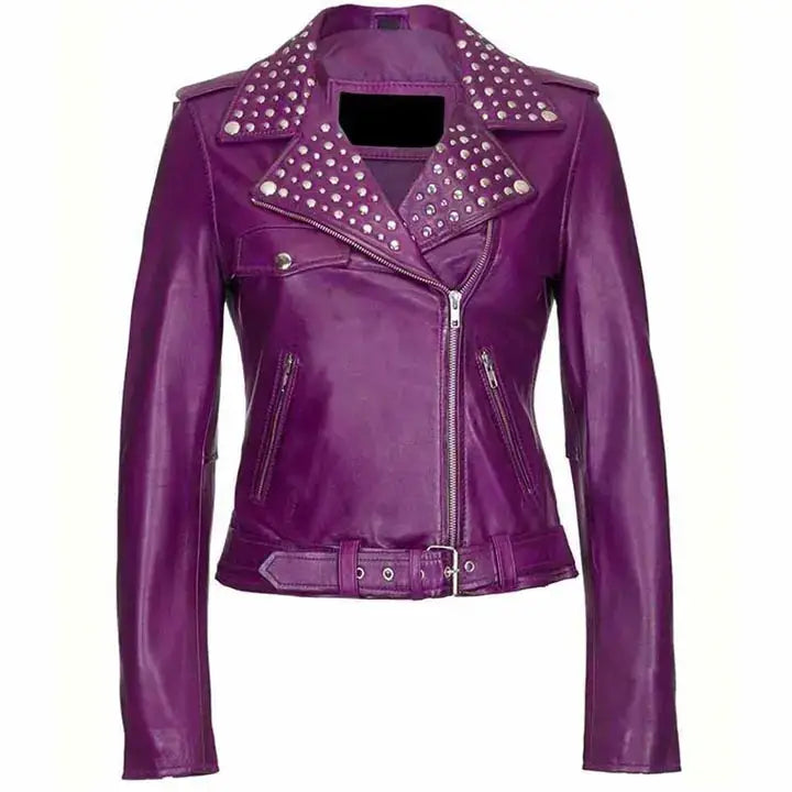 Womens Purple Studded Leather Biker Jacket - Riders Republic UK
