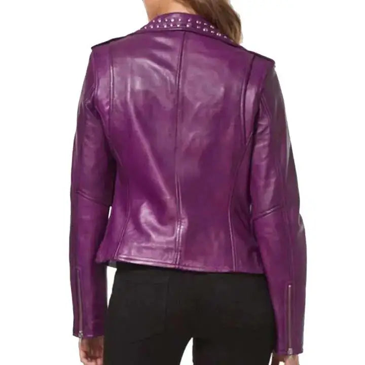 Womens Purple Studded Leather Biker Jacket - Riders Republic UK