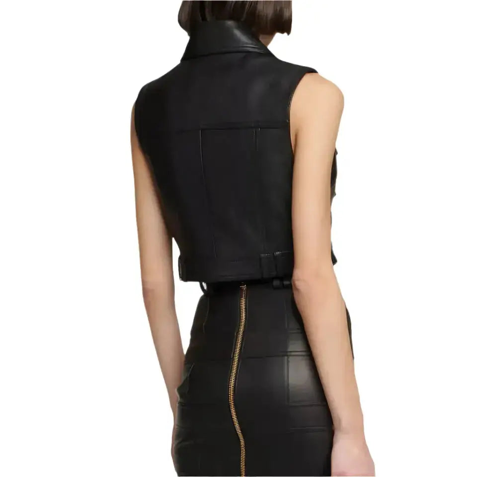 Womens Real Leather Cropped Biker Vest - Riders Republic UK