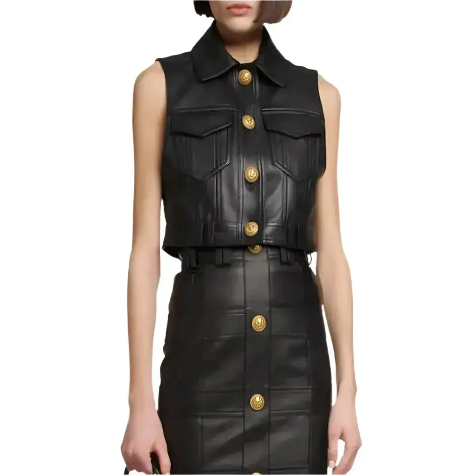 Womens Real Leather Cropped Biker Vest - Riders Republic UK