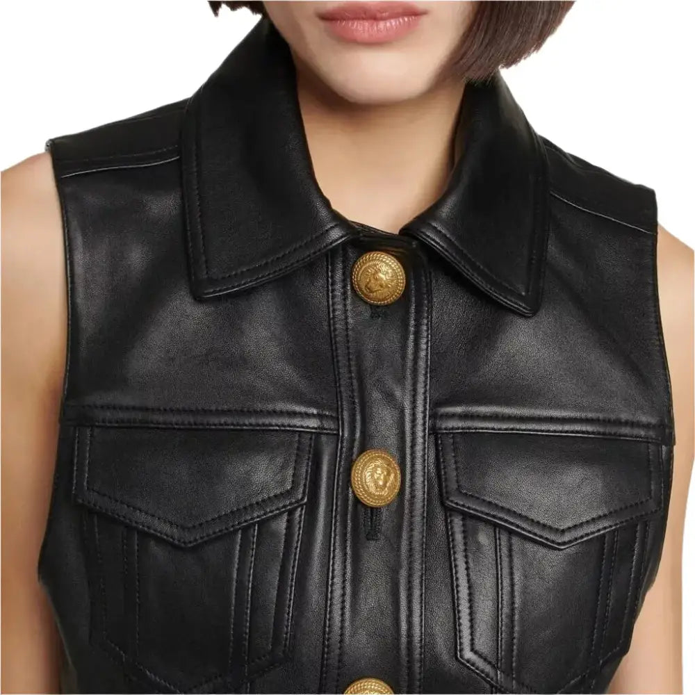 Womens Real Leather Cropped Biker Vest - Riders Republic UK