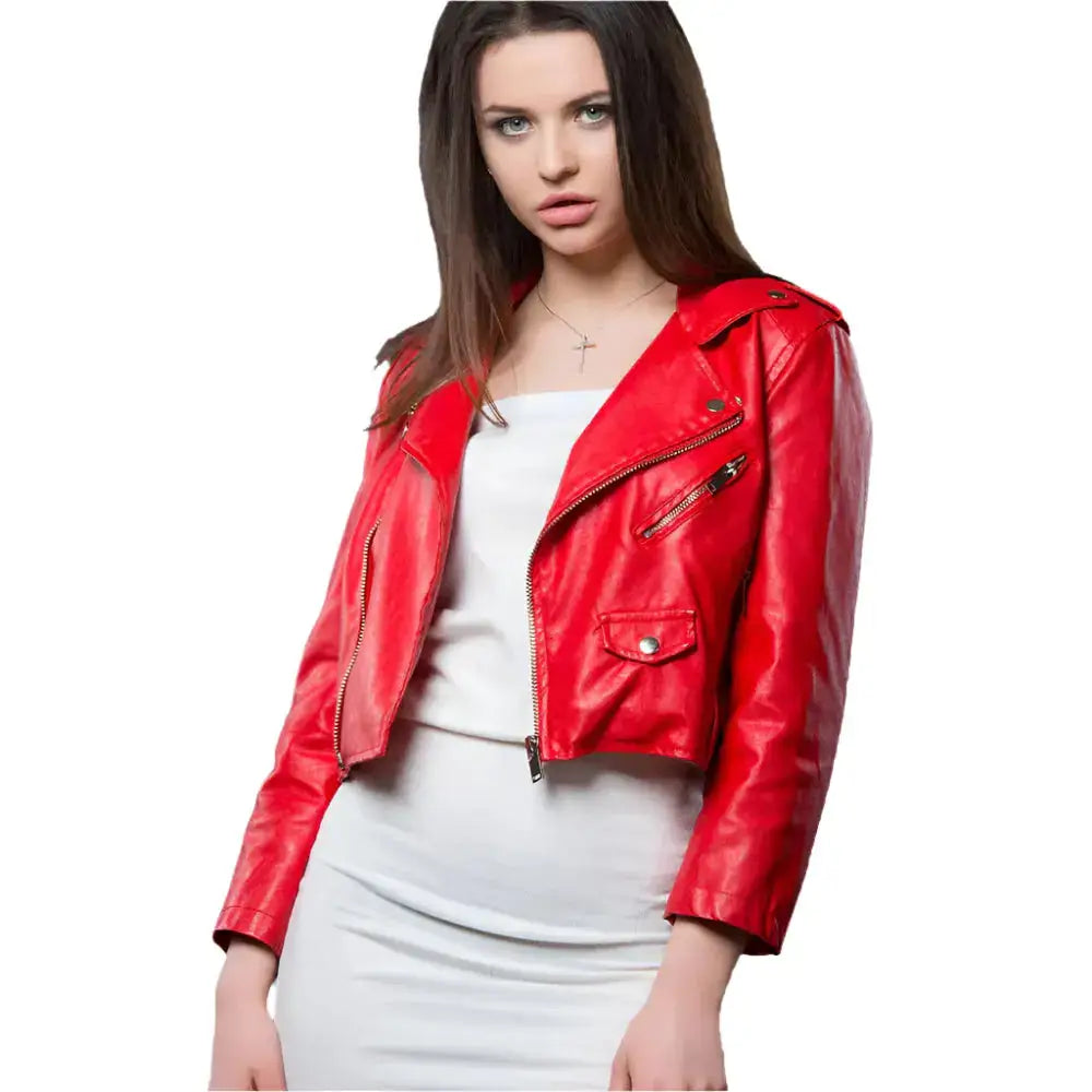 Womens Red Cropped Leather Biker Jacket - Riders Republic UK