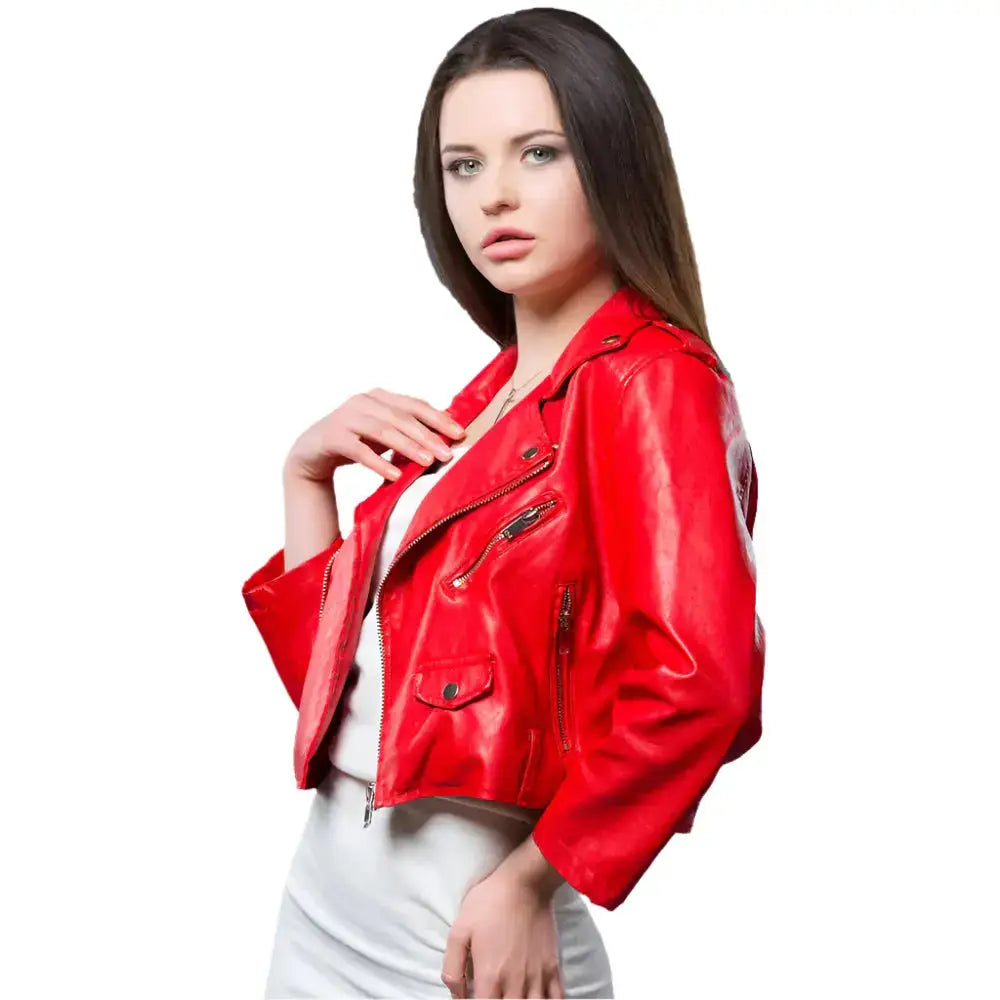 Womens Red Cropped Leather Biker Jacket - Riders Republic UK