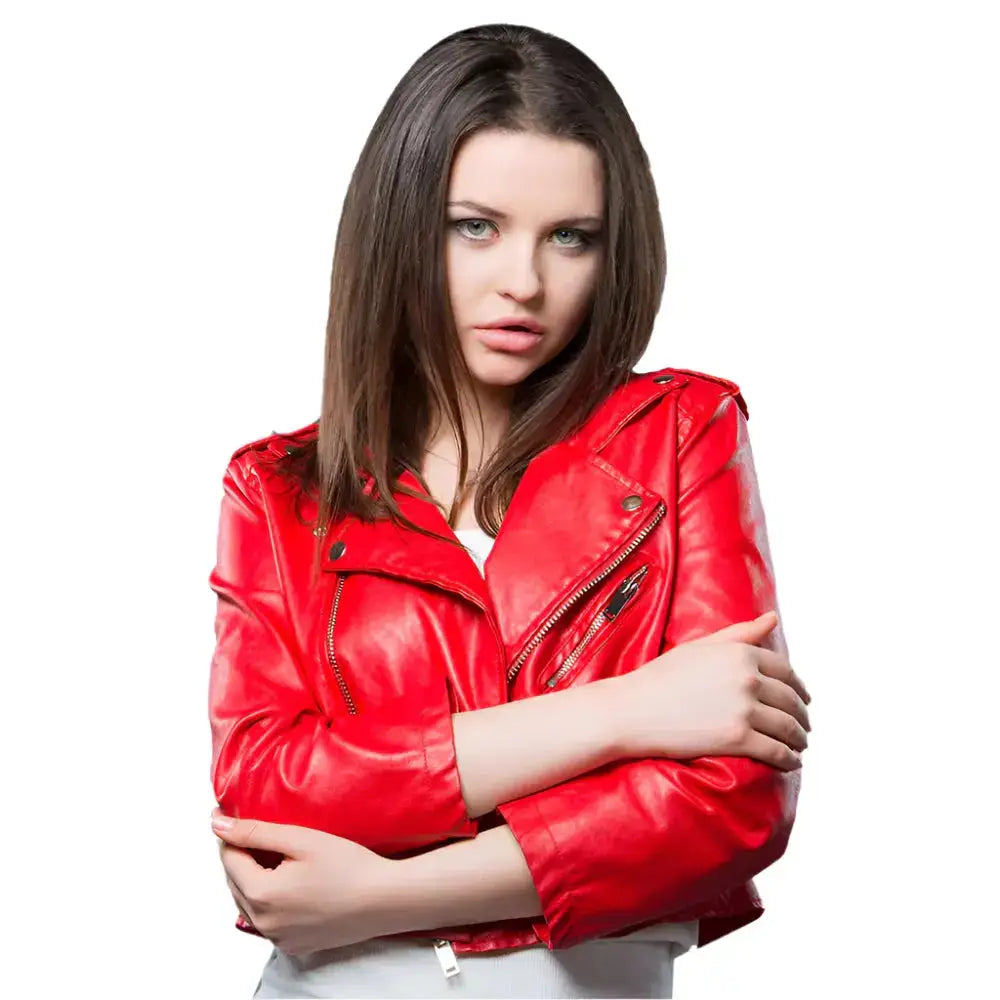 Womens Red Cropped Leather Biker Jacket - Riders Republic UK
