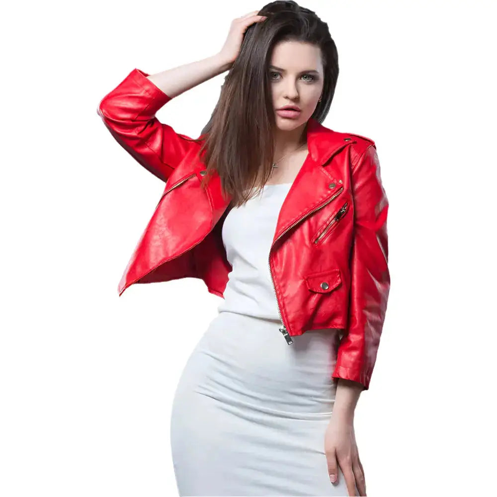 Womens Red Cropped Leather Biker Jacket - Riders Republic UK