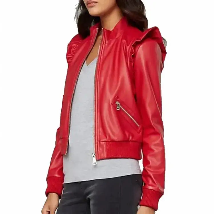 Womens Red Leather Bomber Jacket - Riders Republic UK