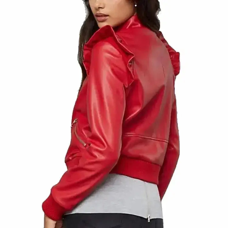 Womens Red Leather Bomber Jacket - Riders Republic UK