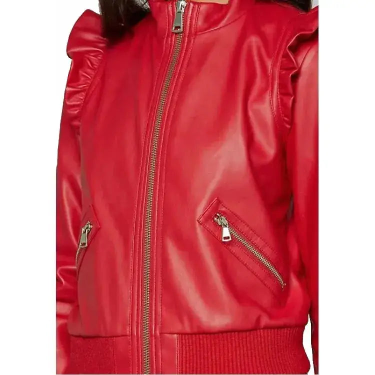 Womens Red Leather Bomber Jacket - Riders Republic UK