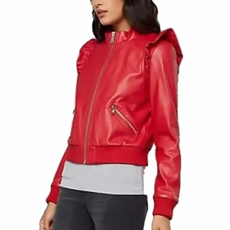 Womens Red Leather Bomber Jacket - Riders Republic UK
