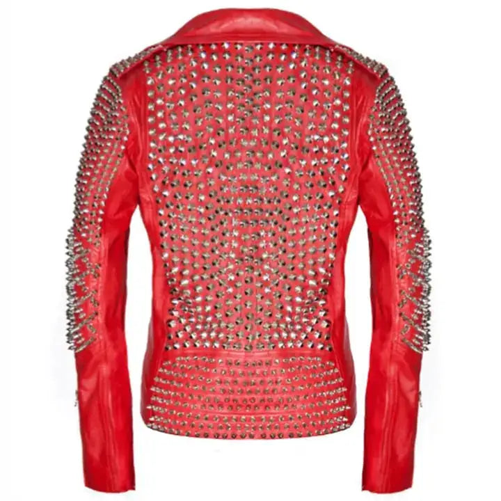 Red Leather Studded Biker Jacket - Riders Republic UK
