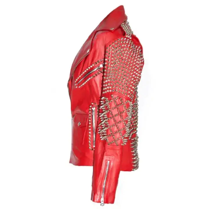 Red Leather Studded Biker Jacket - Riders Republic UK