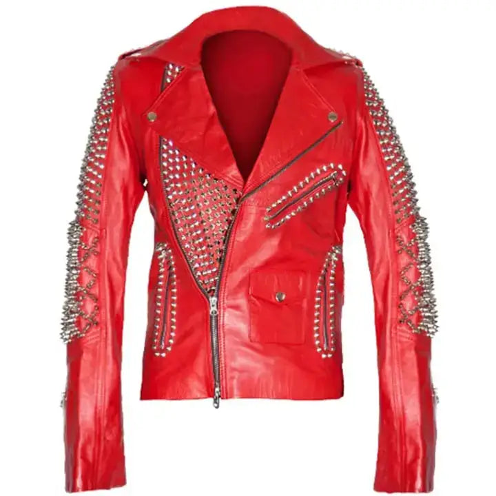 Red Leather Studded Biker Jacket - Riders Republic UK