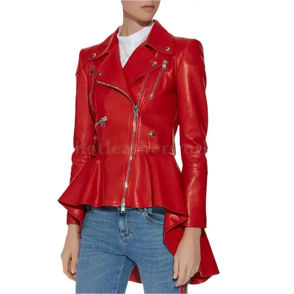 Red Peplum Leather Jacket - Riders Republic UK