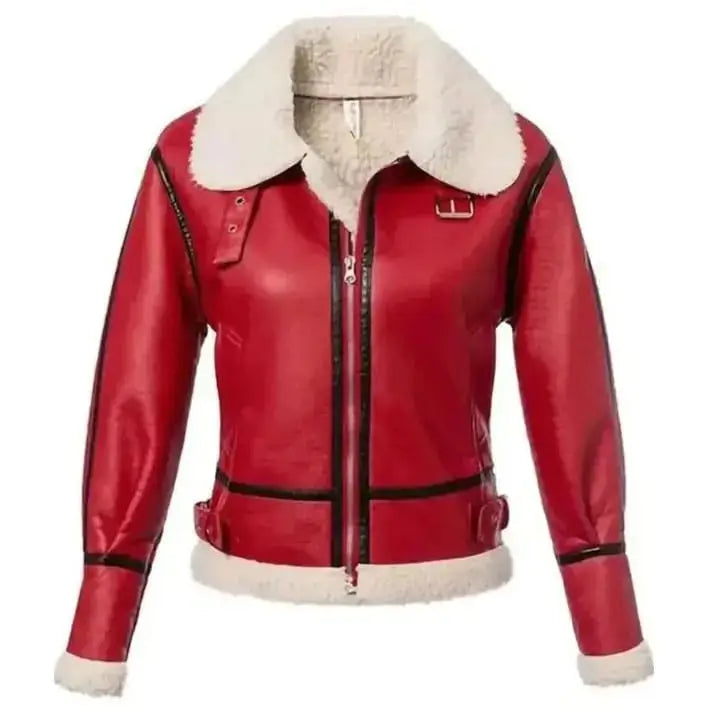 Red Shearling Leather Jacket Womens - Riders Republic UK