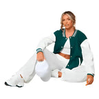 Sea Green Varsity Leather Bomber Jacket Womens - Riders Republic UK