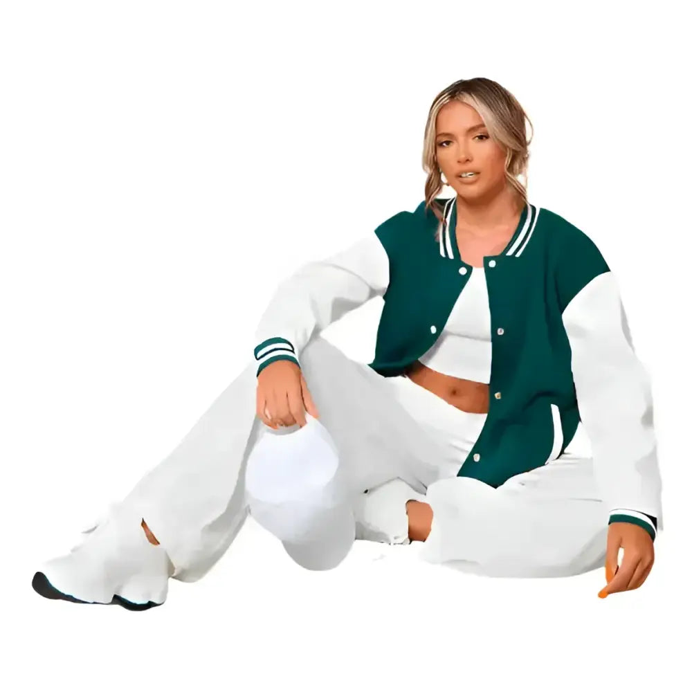 Sea Green Varsity Leather Bomber Jacket Womens - Riders Republic UK