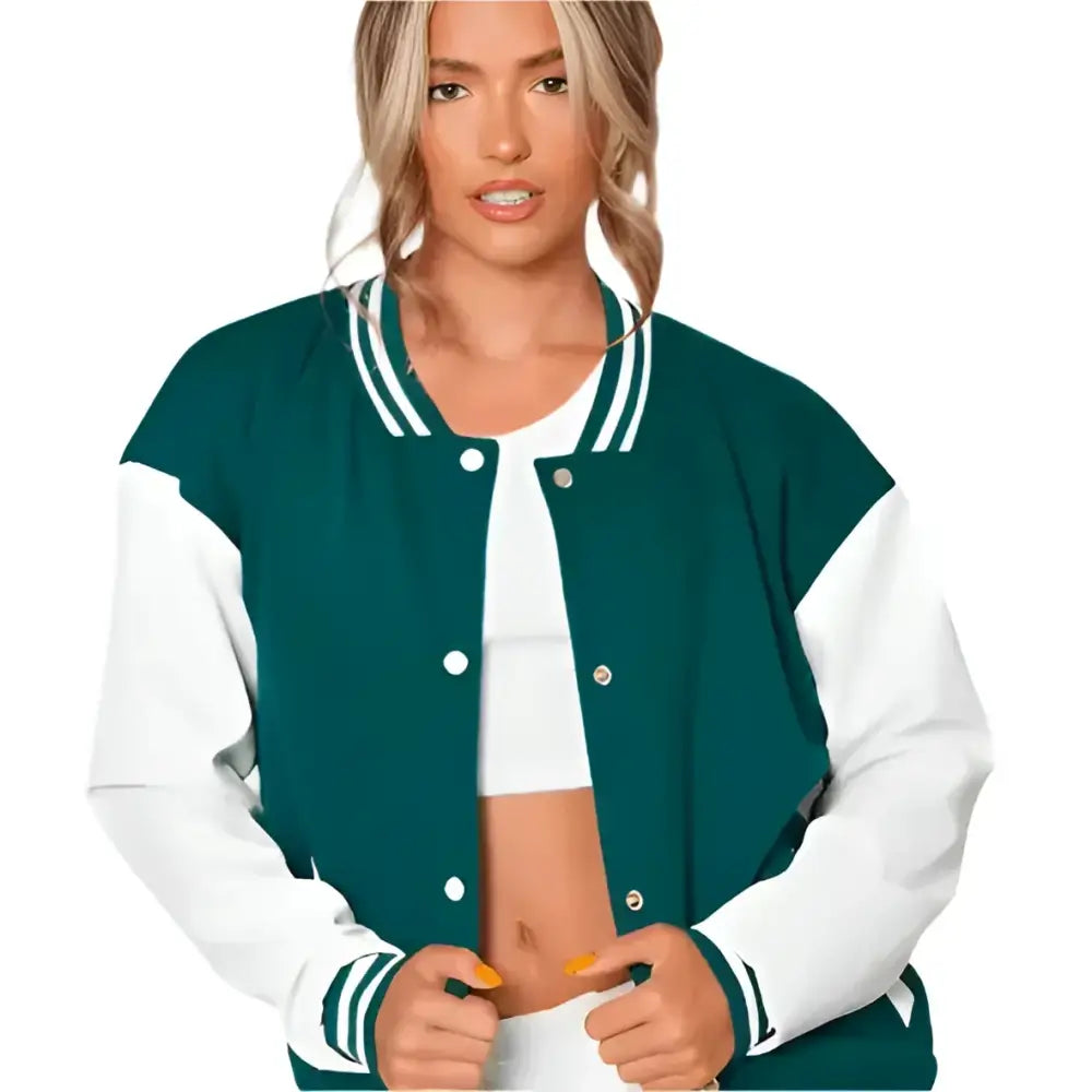 Sea Green Varsity Leather Bomber Jacket Womens - Riders Republic UK