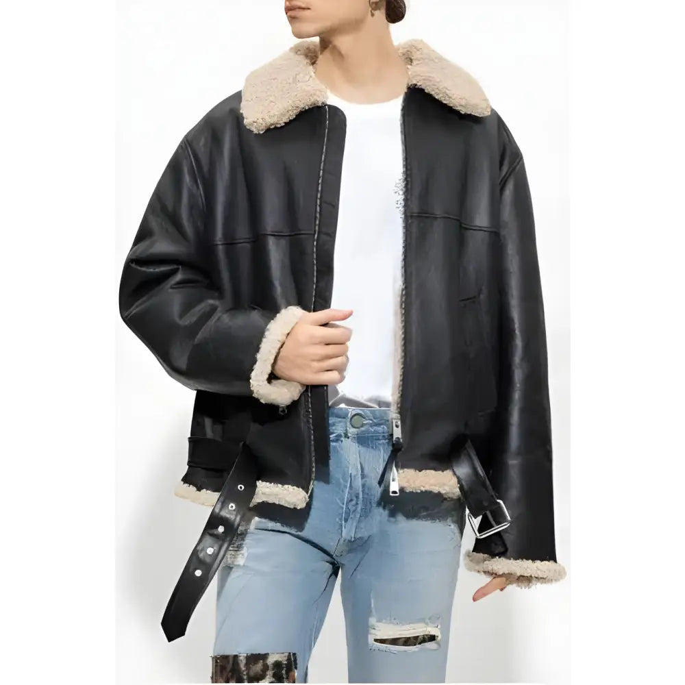 Womens Shearling Lined Black Aviator Jacket - Riders Republic UK