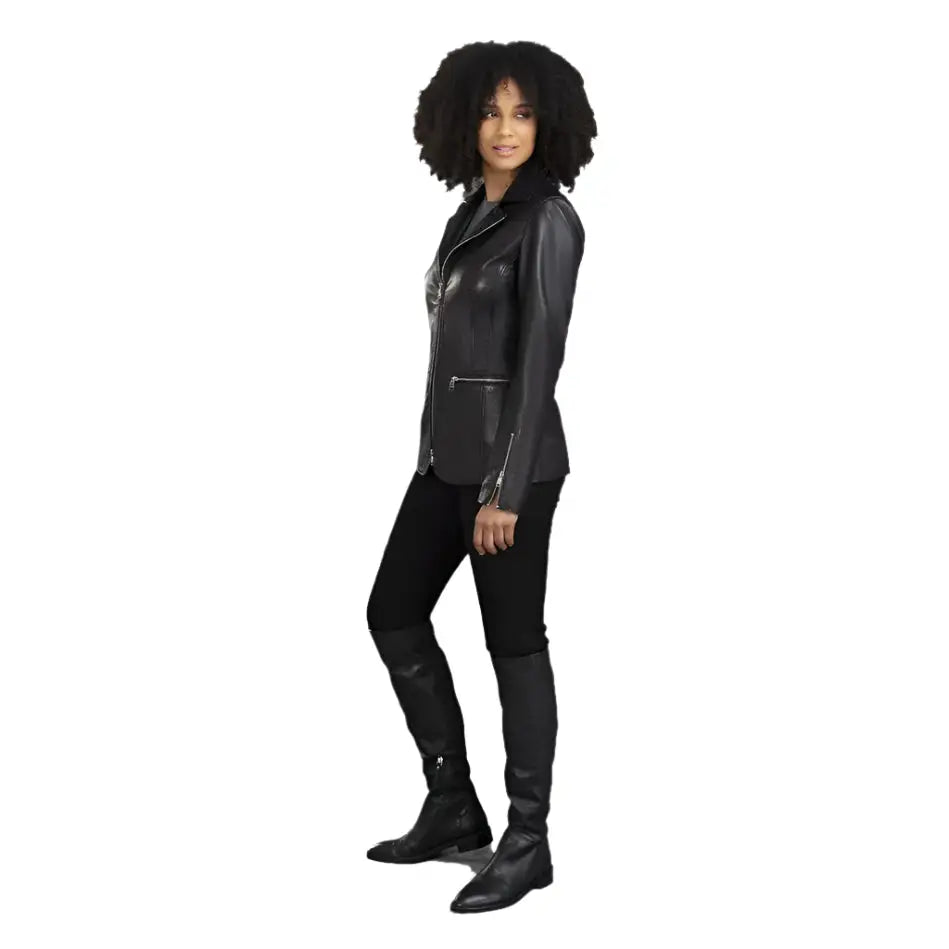 Womens Slim Fit Black Leather Blazer - Riders Republic UK