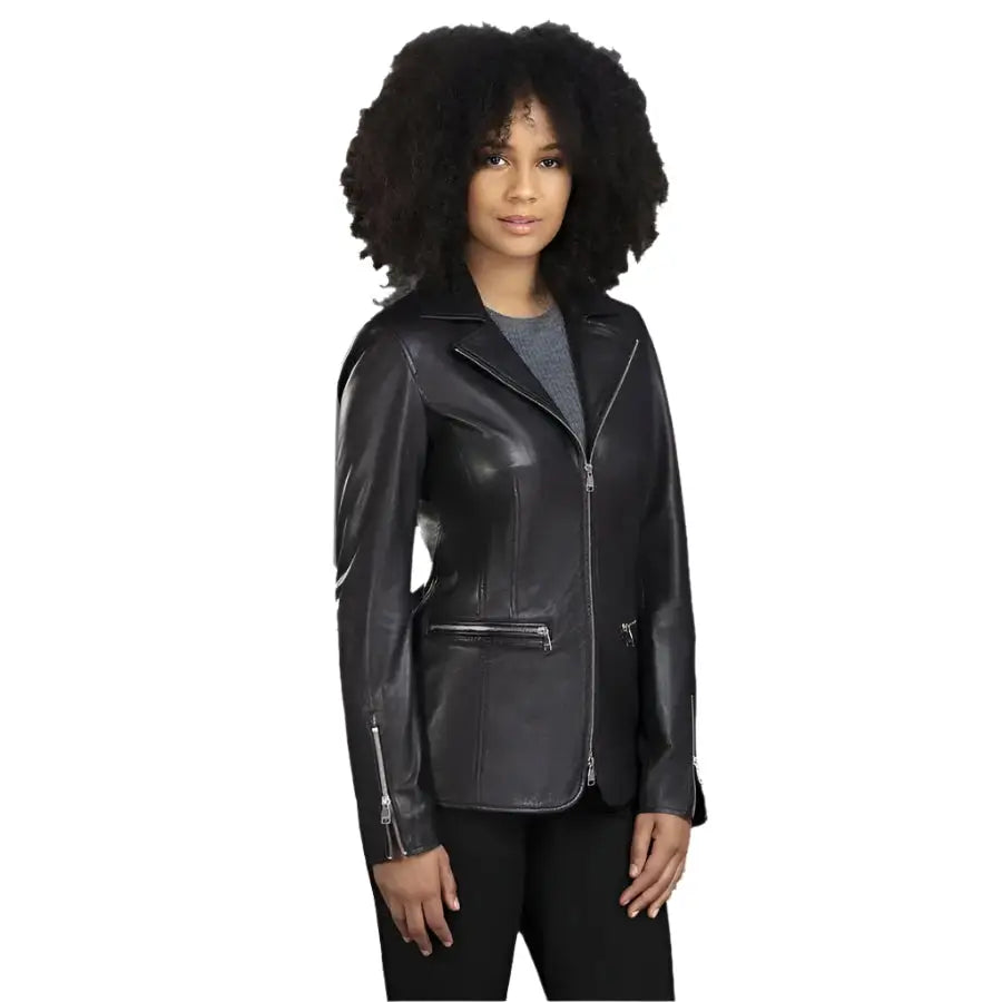 Womens Slim Fit Black Leather Blazer - Riders Republic UK