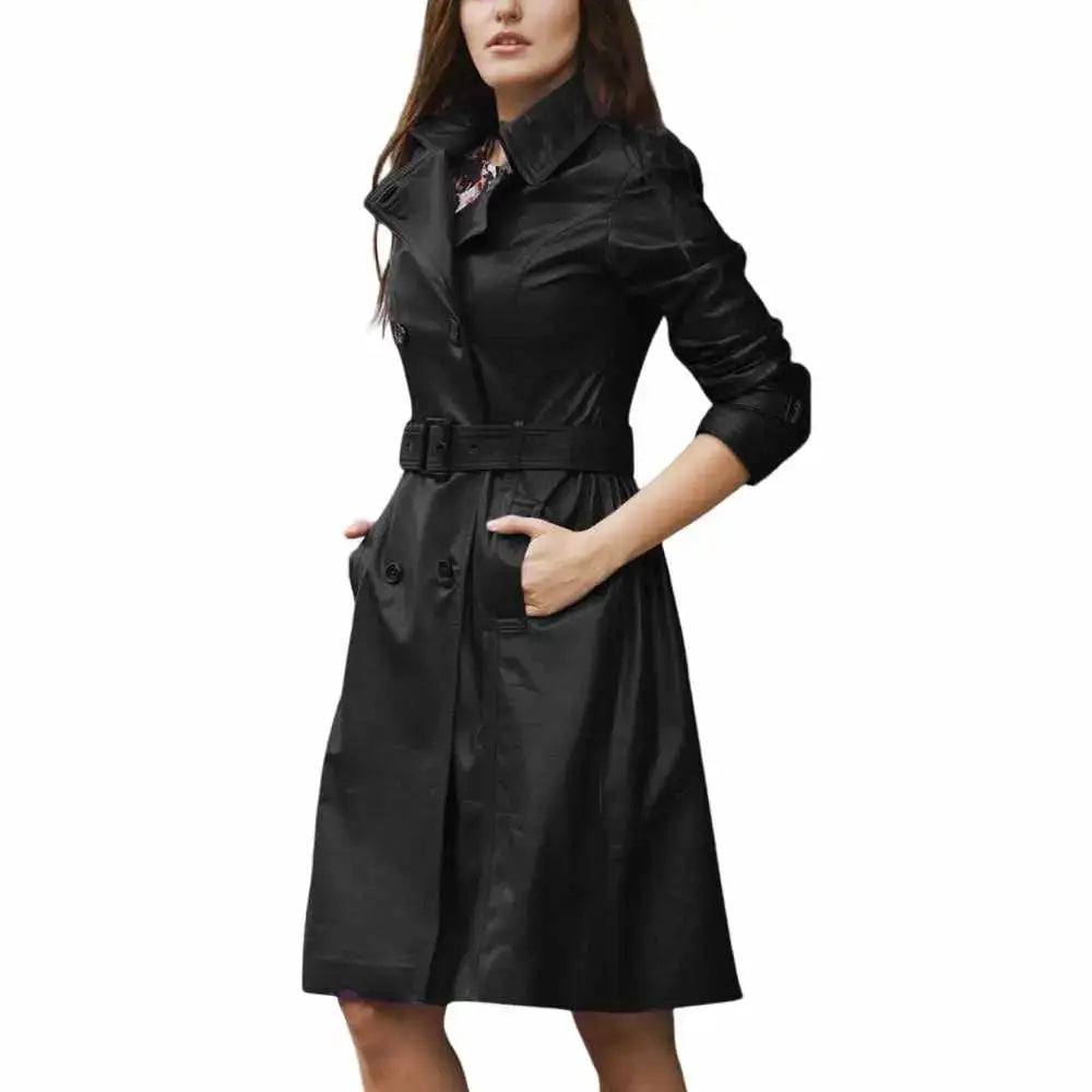 Womens Slim Fit Genuine Leather Trench Coat - Riders Republic UK