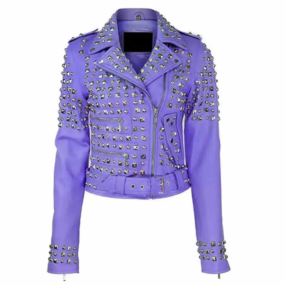 Womens Studded Brando Leather Motorcycle Jacket - Riders Republic UK