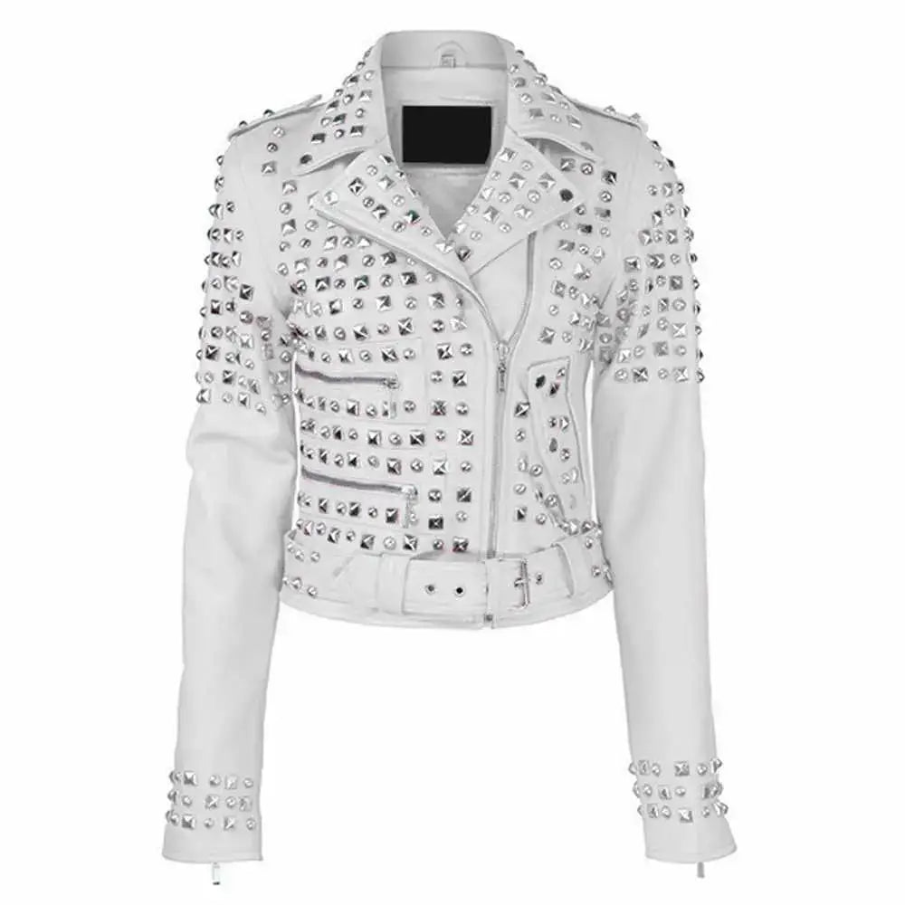 Womens Studded Brando Leather Motorcycle Jacket - Riders Republic UK