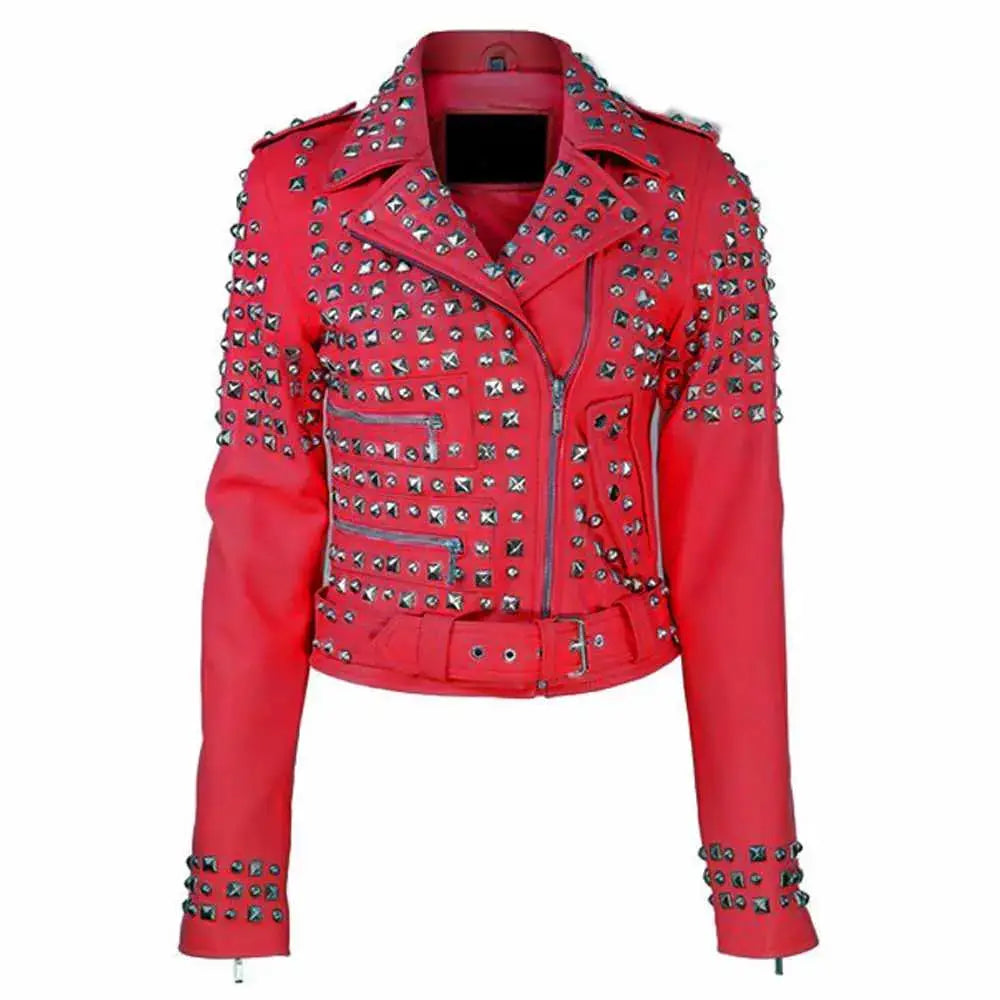 Womens Studded Brando Leather Motorcycle Jacket - Riders Republic UK