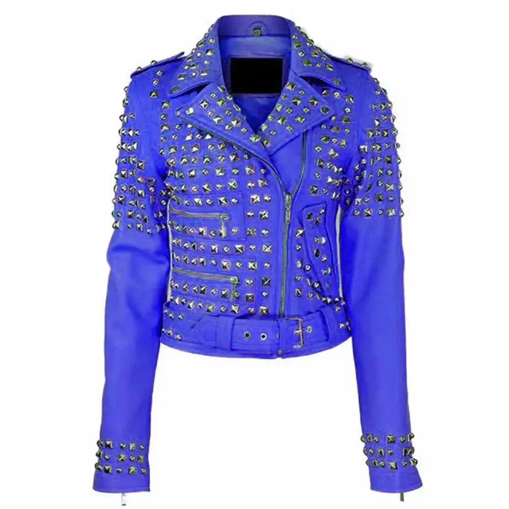 Womens Studded Brando Leather Motorcycle Jacket - Riders Republic UK