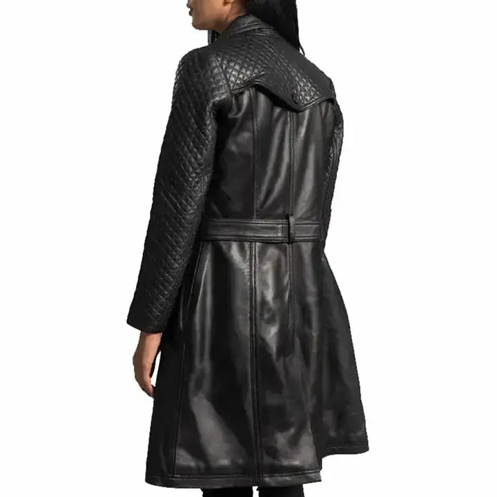 Black quilted leather coat for women with statement outerwear fit