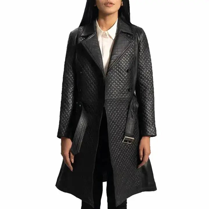 Quilted leather trench coat for women with long black silhouette