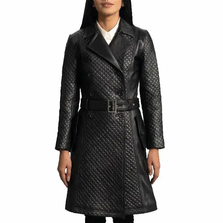 Women’s black quilted leather trench coat in genuine leather