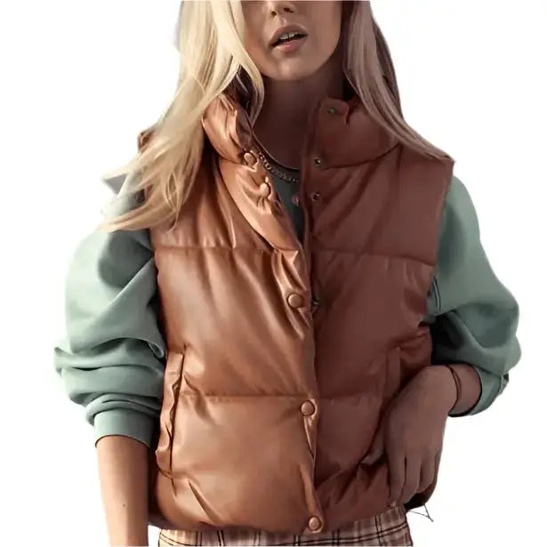 Tan Brown Leather Puffer Vest - Riders Republic UK