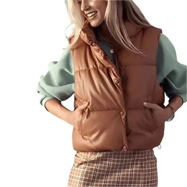 Tan Brown Leather Puffer Vest - Riders Republic UK