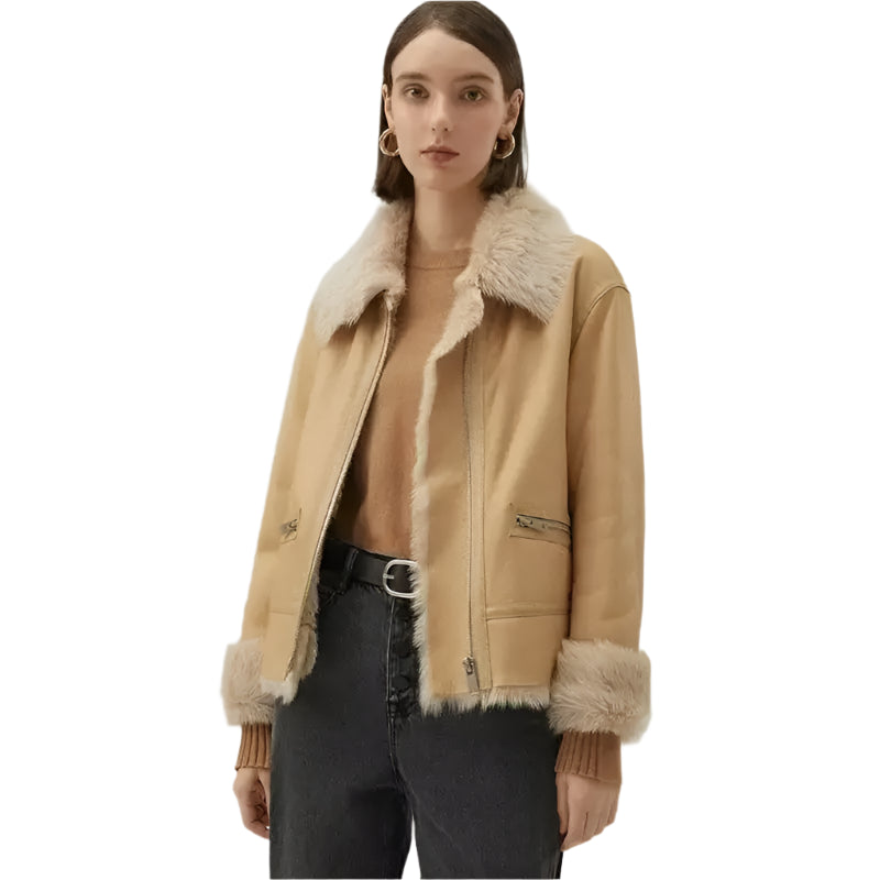 Tan Brown Shearling Bomber Jacket - Riders Republic UK