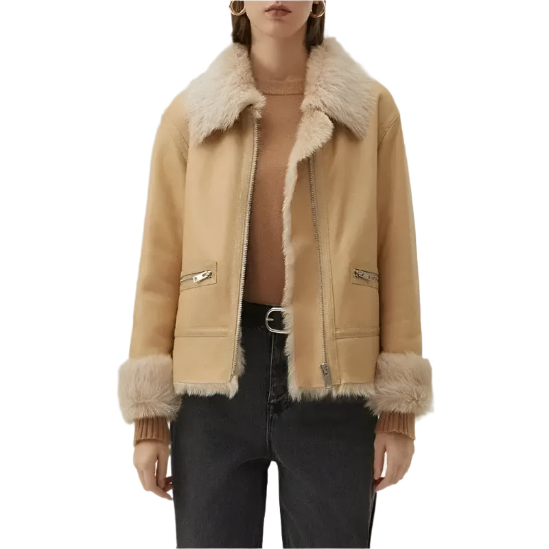 Tan Brown Shearling Bomber Jacket - Riders Republic UK